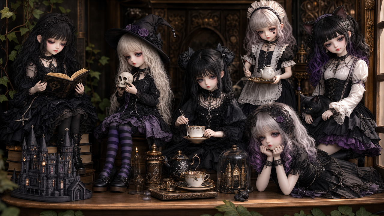 Gothic Lolita dolls in black outfits gathered around a ornate tea table with skulls and lanterns.