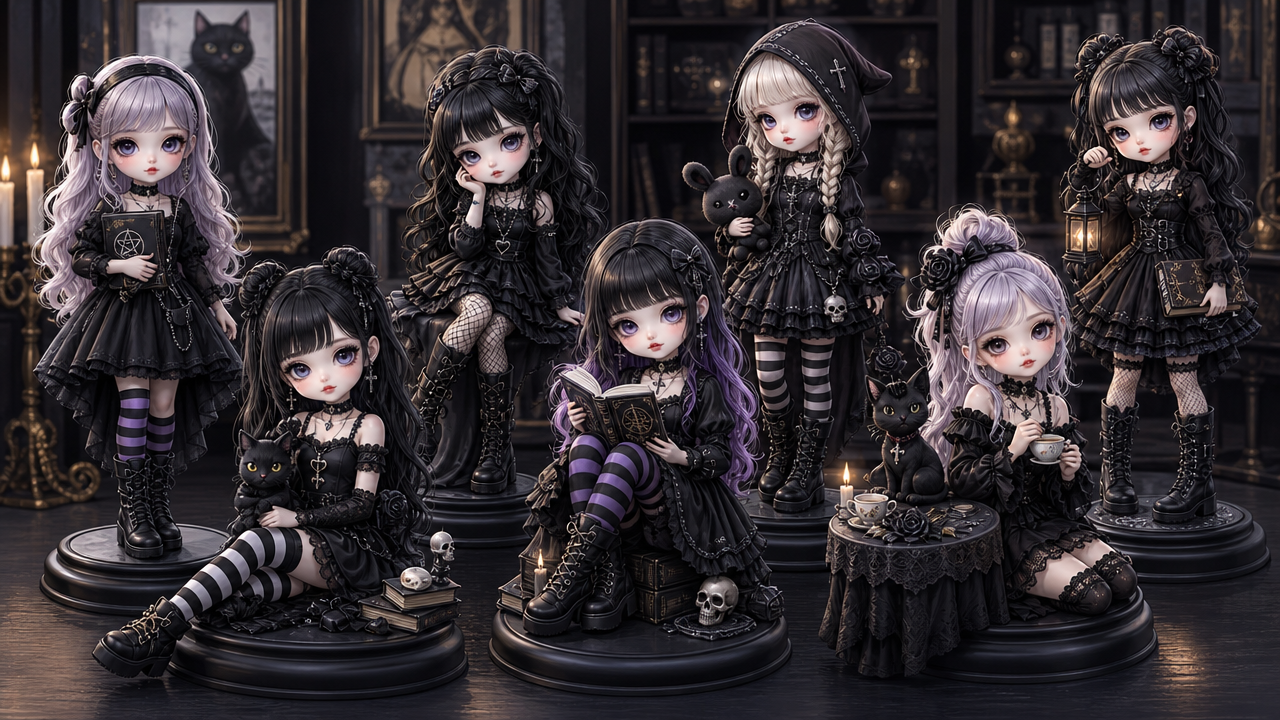 Group of gothic Lolita dolls in black lace outfits posed around skulls and candles in a dark room.