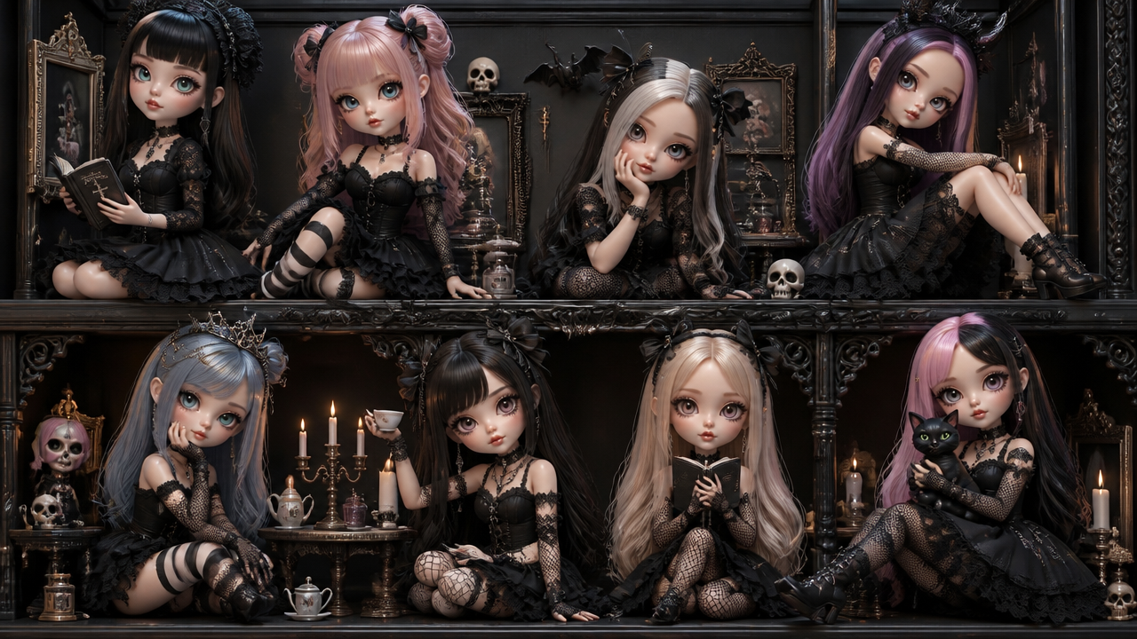 Group of gothic dolls in black lace outfits on ornate shelves with candles and skull decor.