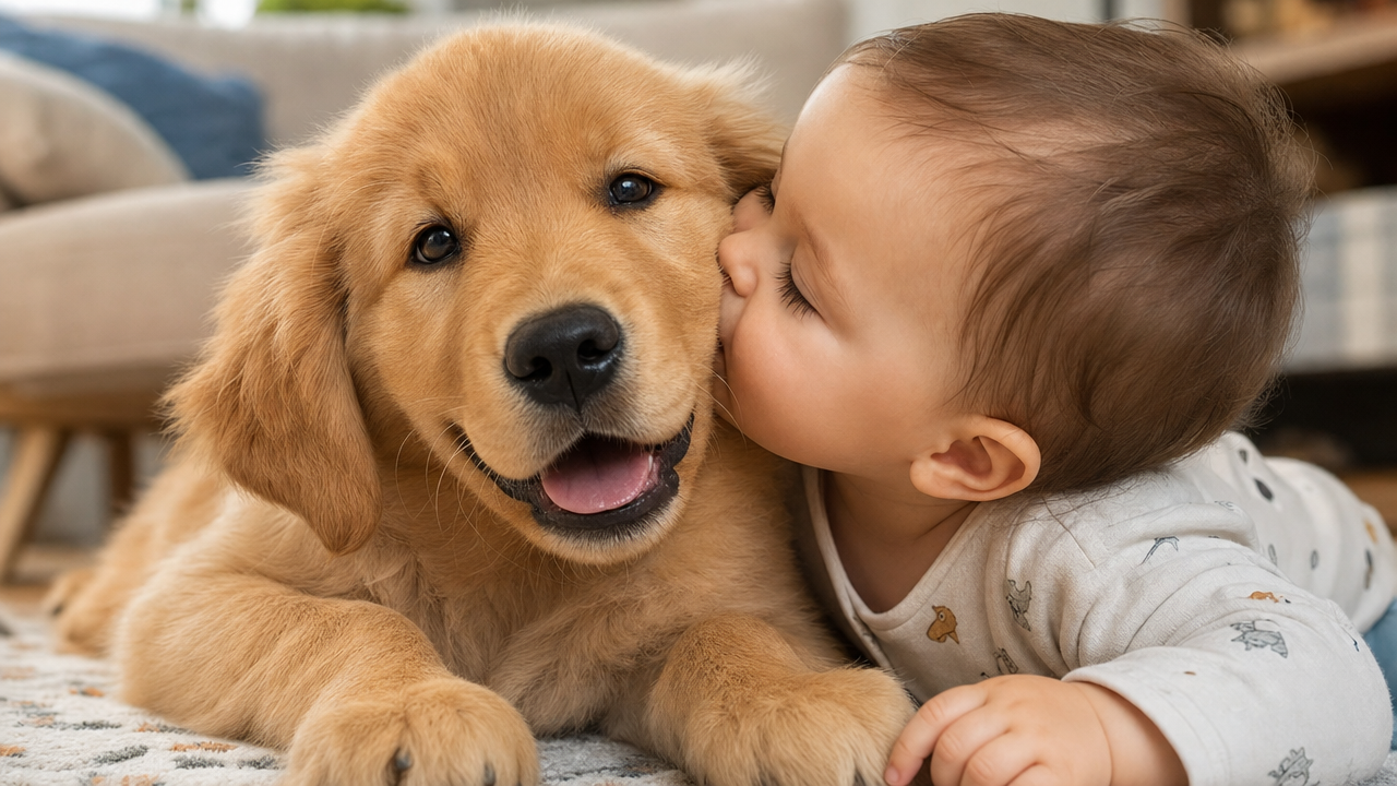 Baby kissing a golden retriever puppy indoors on a rug.