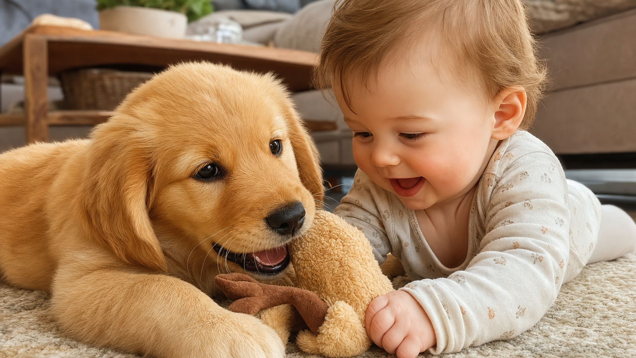 Cheerful baby and golden retriever puppy playing with a plush toy on a living room rug