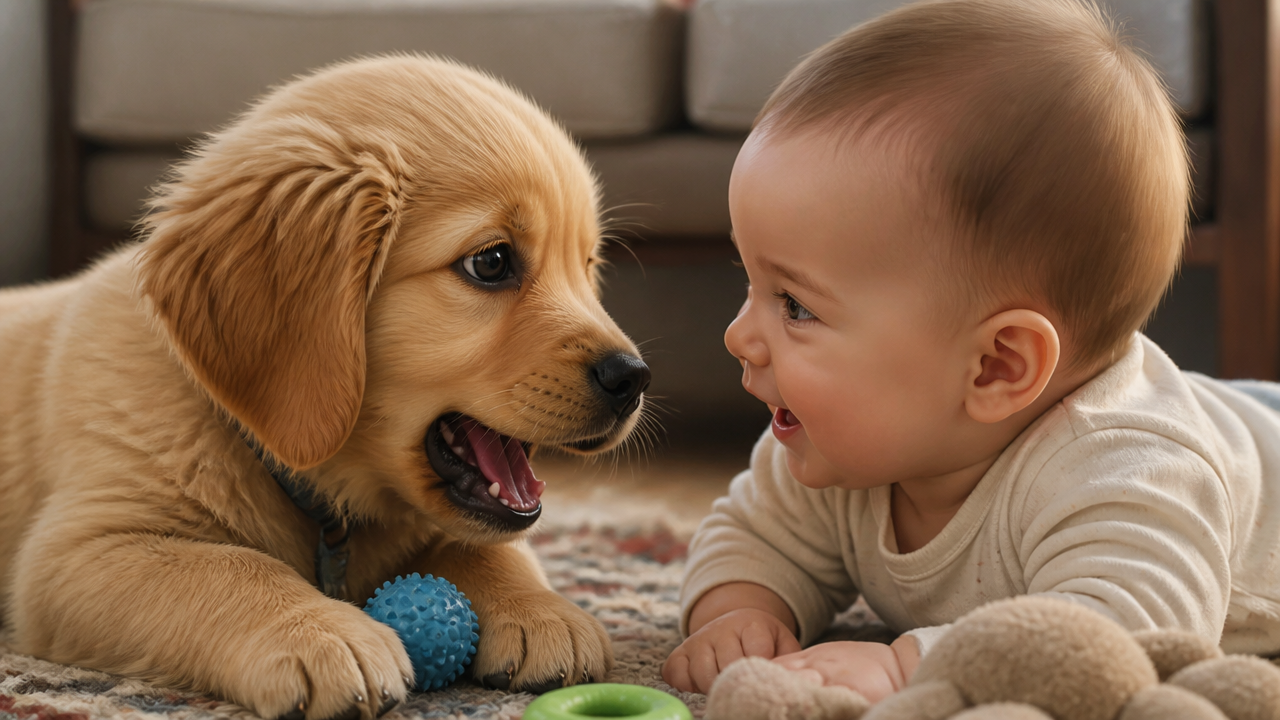 Adorable golden retriever puppy and baby lying on a rug, facing each other with a toy between them.