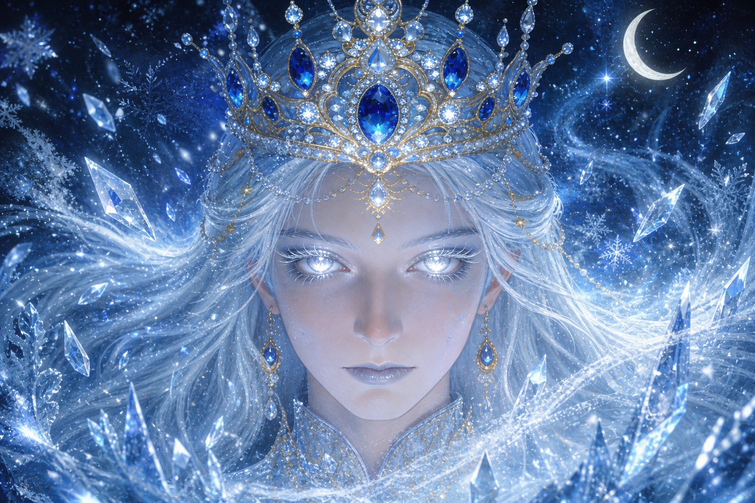 Ice queen portrait with jeweled crown amid crystalline snow and moonlit night