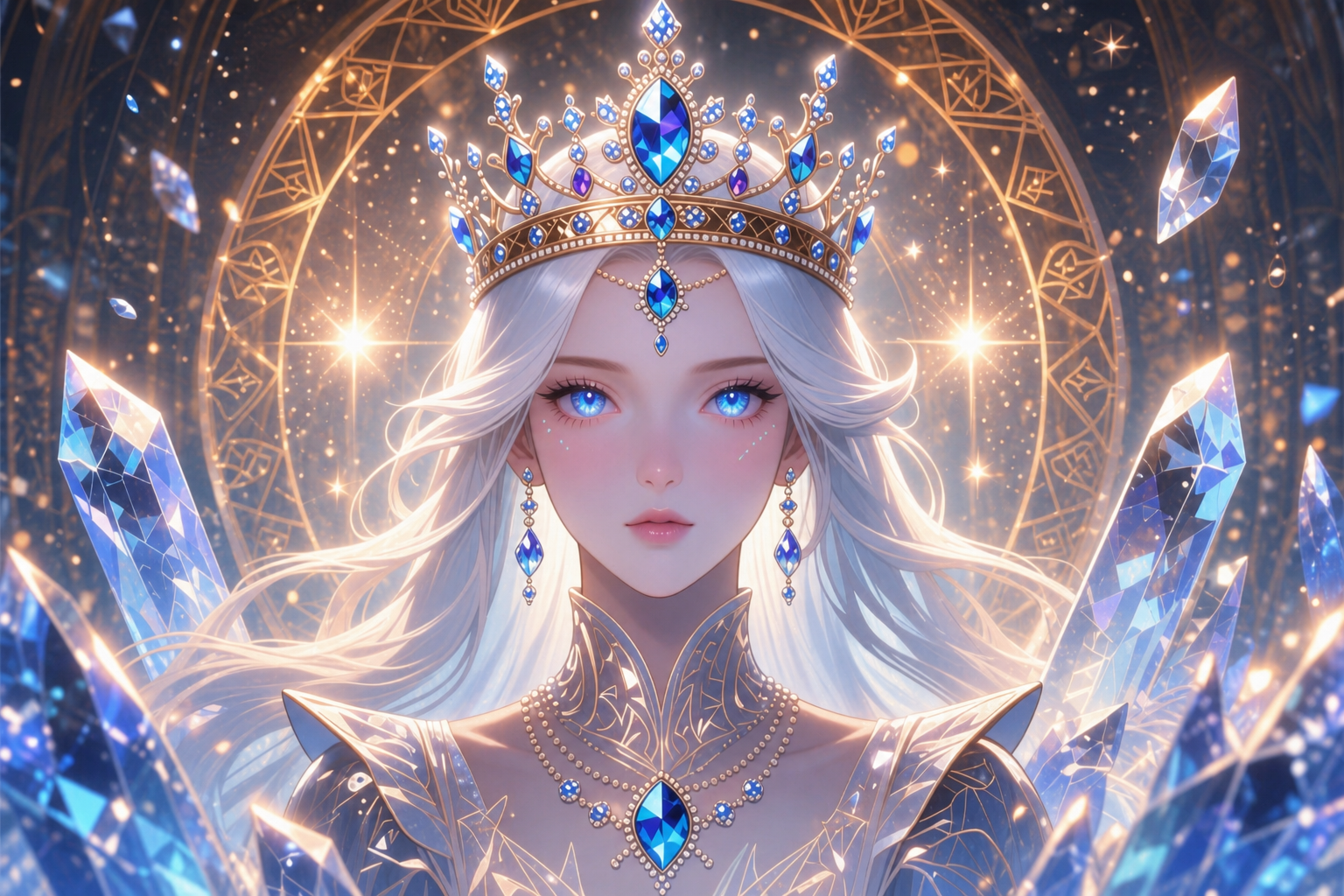 Fantasy queen with a jeweled crown and icy blue eyes, surrounded by glowing crystals and a gold geometric halo.
