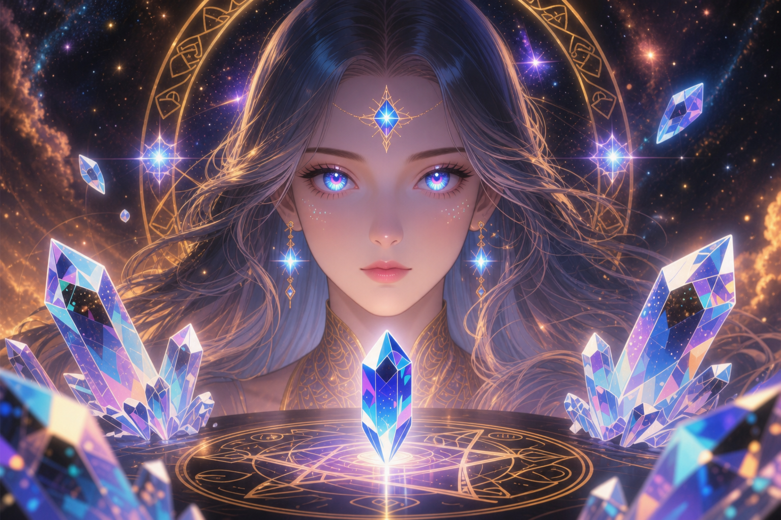 Anime-inspired woman with blue glowing eyes surrounded by crystals and magical circles in a cosmic background.