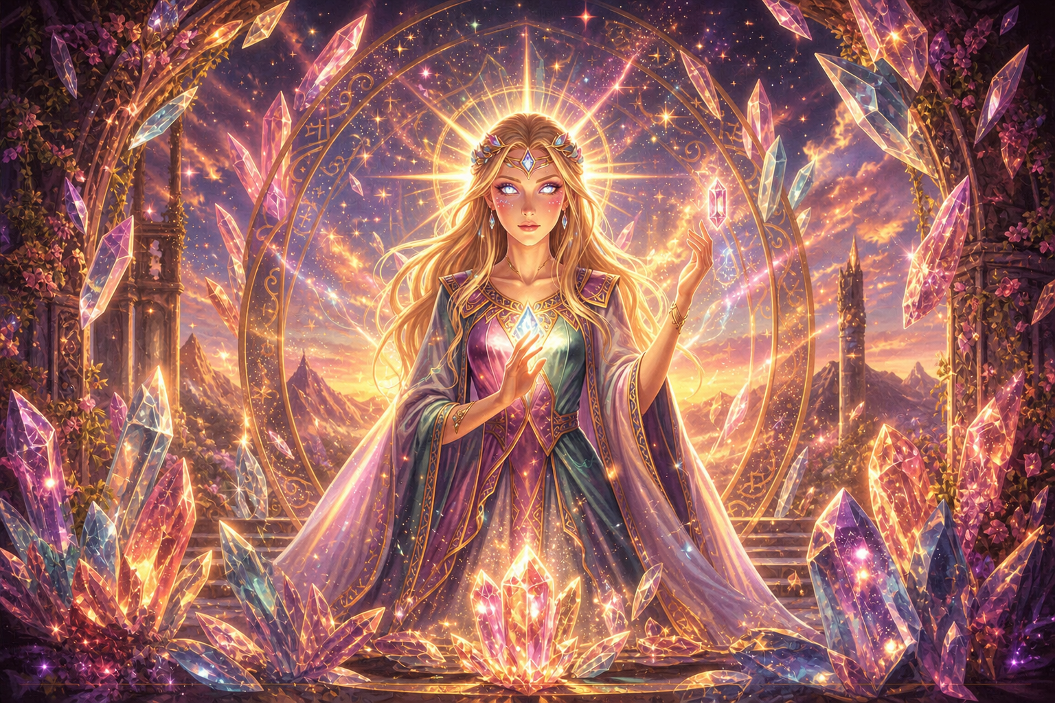 Fantasy princess kneeling among glowing crystals with a radiant halo and magical arch.