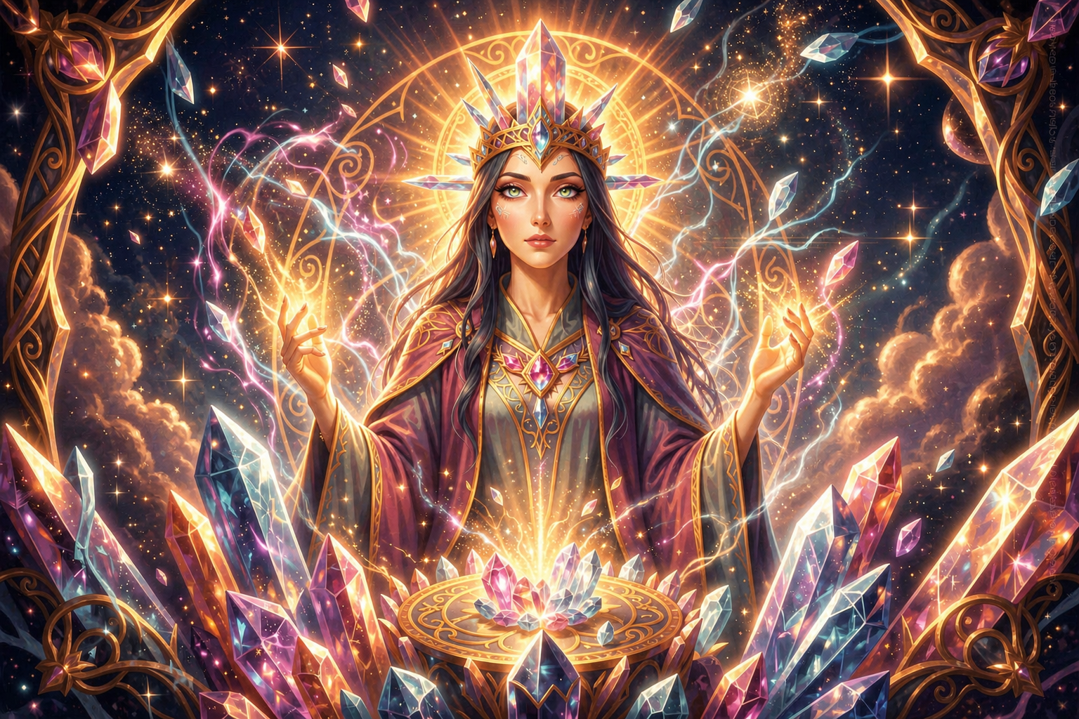 Fantasy queen with crystal crown summoning radiant magic amid glowing gems and a jeweled circle.