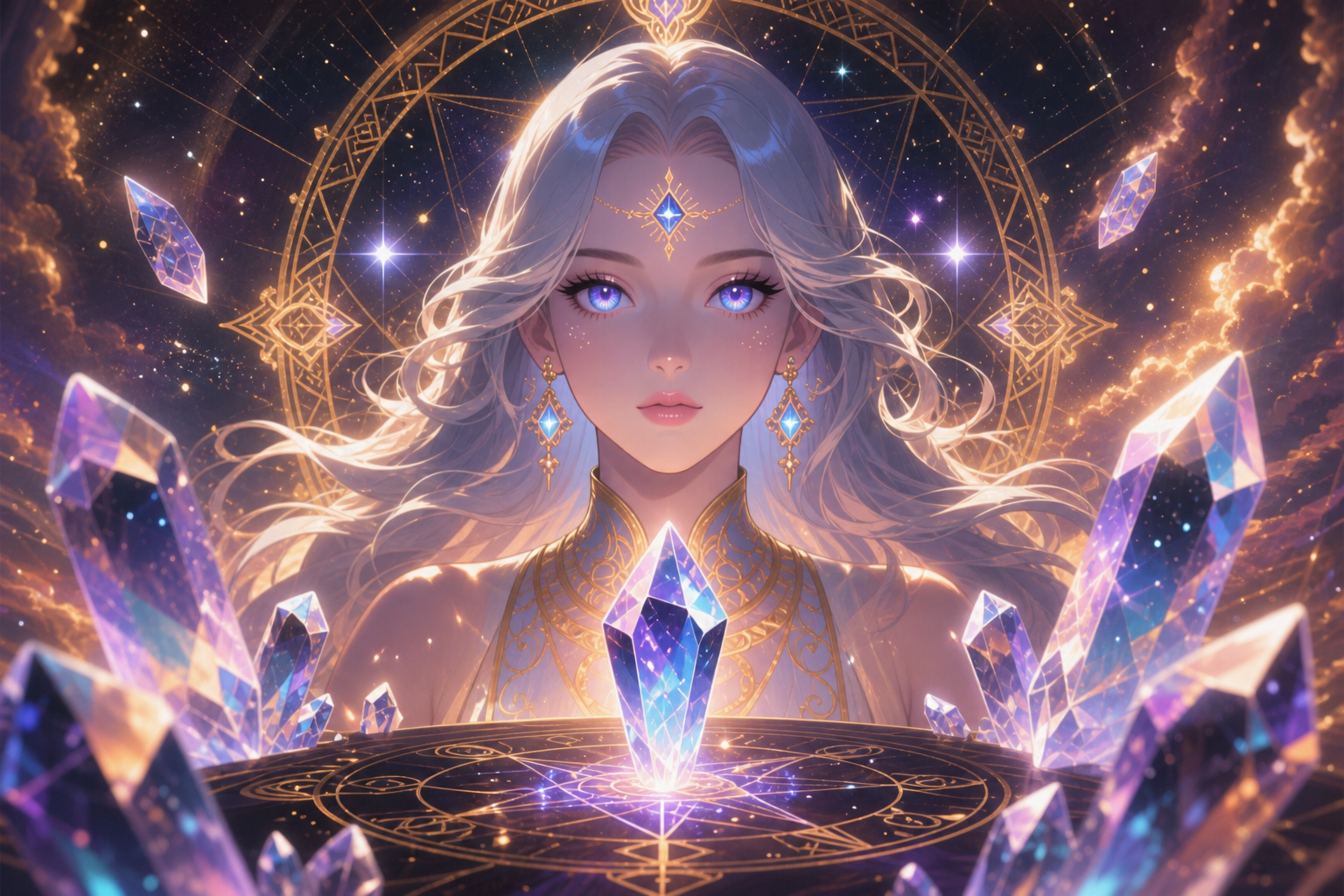 Ethereal woman with glowing blue eyes amid floating crystal gems and a luminous magical circle.