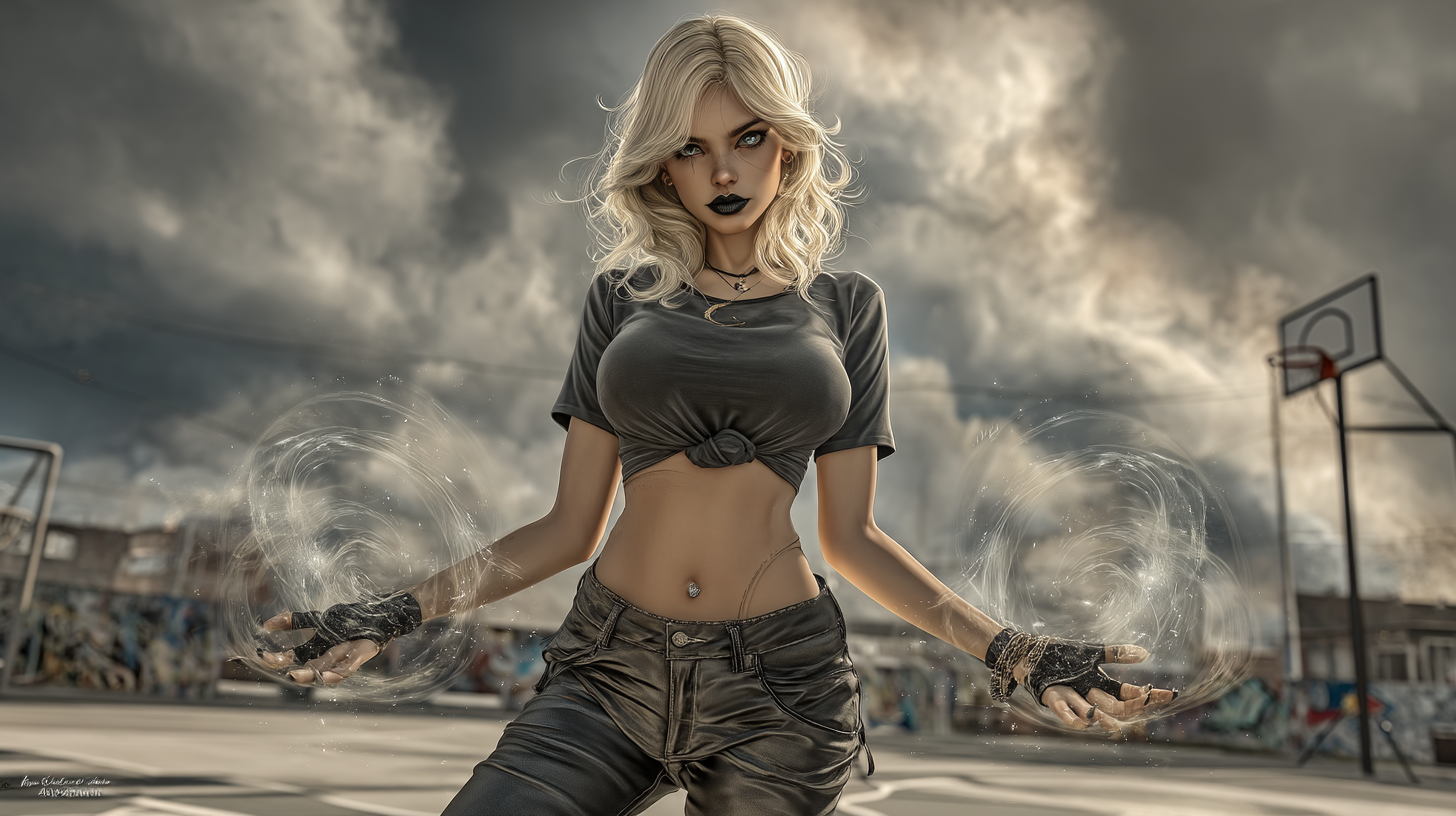Blonde spellcaster conjures swirling wind magic on an urban basketball court under dramatic stormy skies.