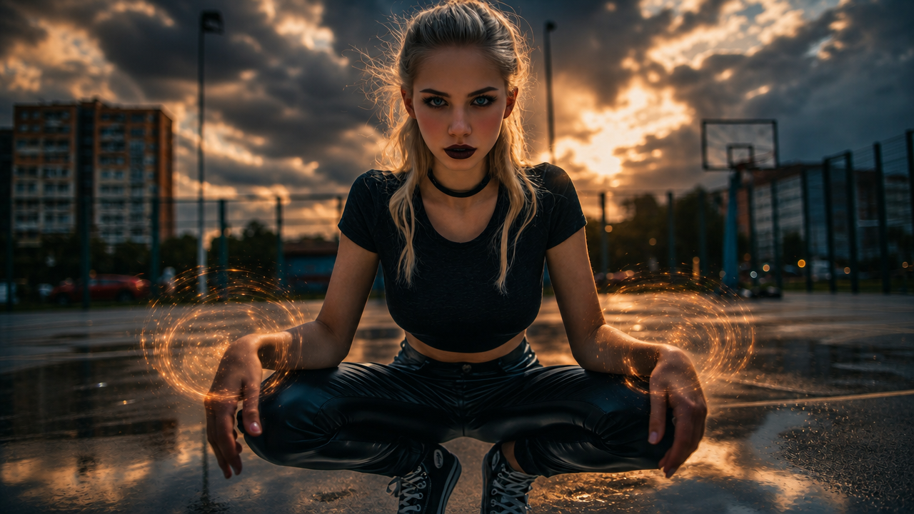 Young blonde woman crouches on a wet basketball court with glowing magic energy rings, under a dramatic stormy sunset sky.