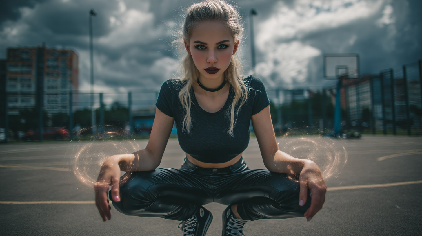 [Young blonde woman crouching on an urban basketball court with glowing magical energy rings around her hands under a stor...