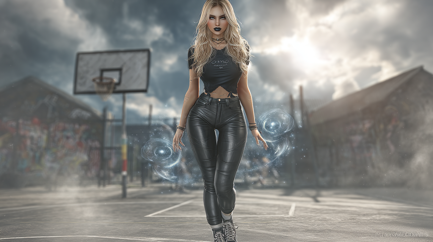 Gothic blonde woman conjuring glowing blue magic orbs while standing on an outdoor urban basketball court
