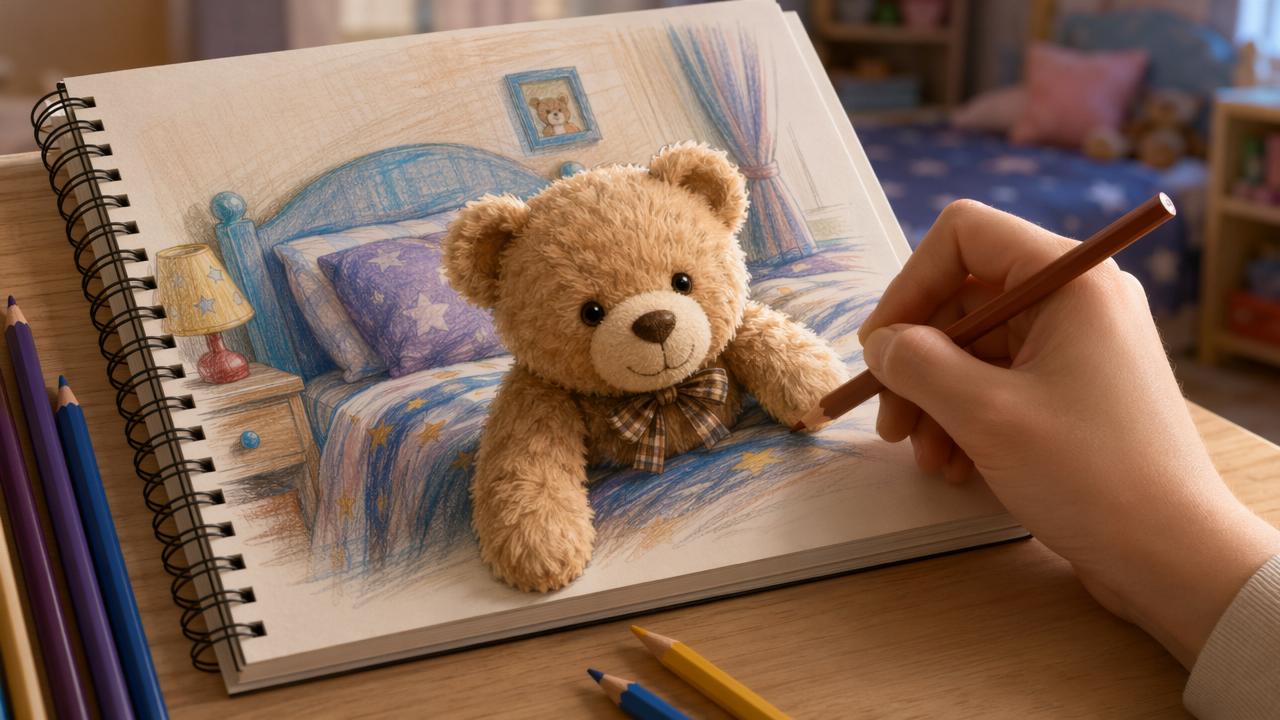 Surreal art of a fluffy teddy bear emerging from a colored pencil bedroom sketch, as an artist draws in a spiral notebook.