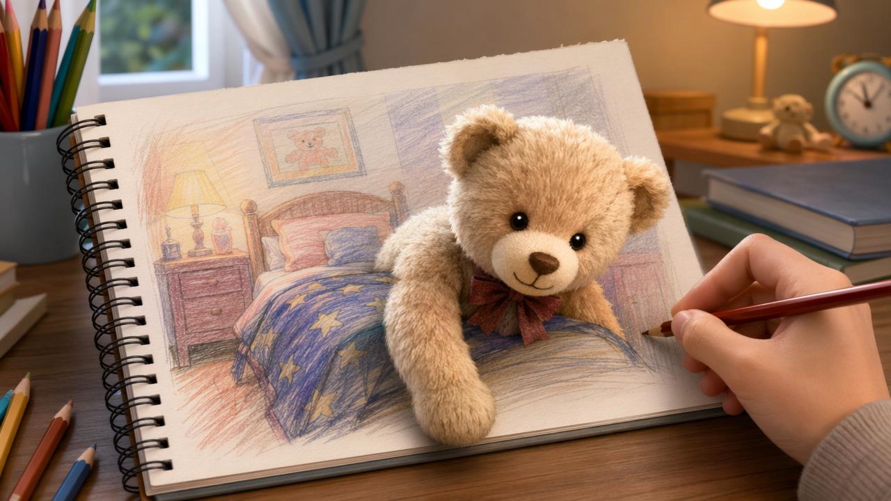 Whimsical surreal art of a fluffy plush teddy bear emerging from a colored pencil bedroom sketch in an artist's sketchbook