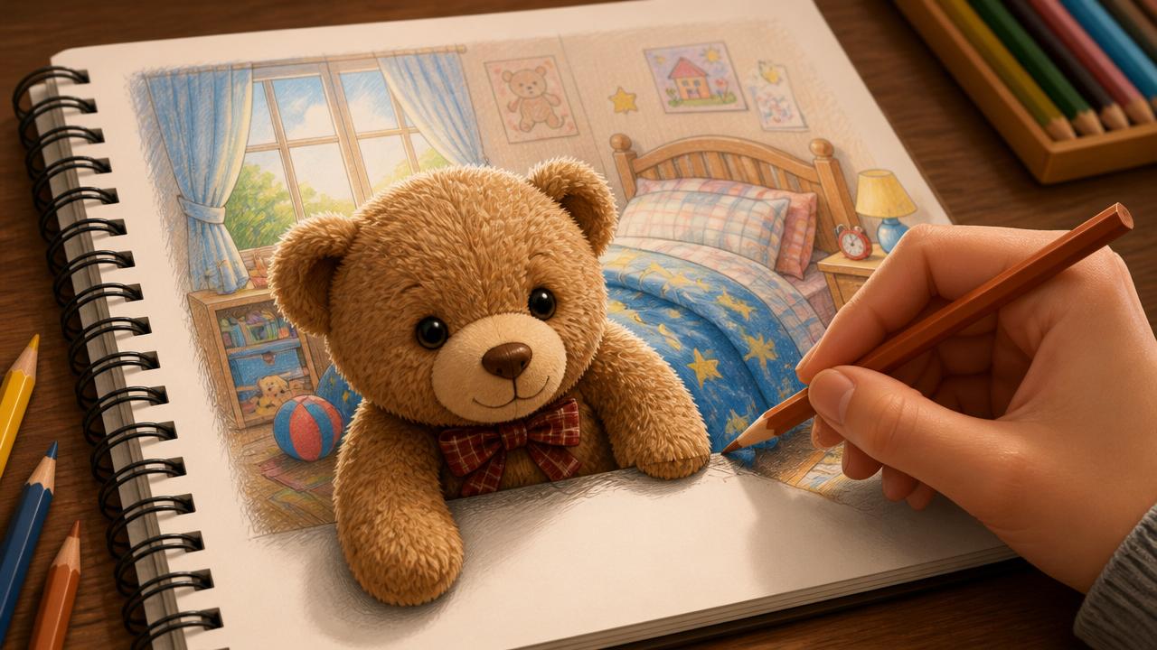 Whimsical surreal scene where a plush teddy bear emerges from a sketchbook, artist holds a colored pencil to draw.