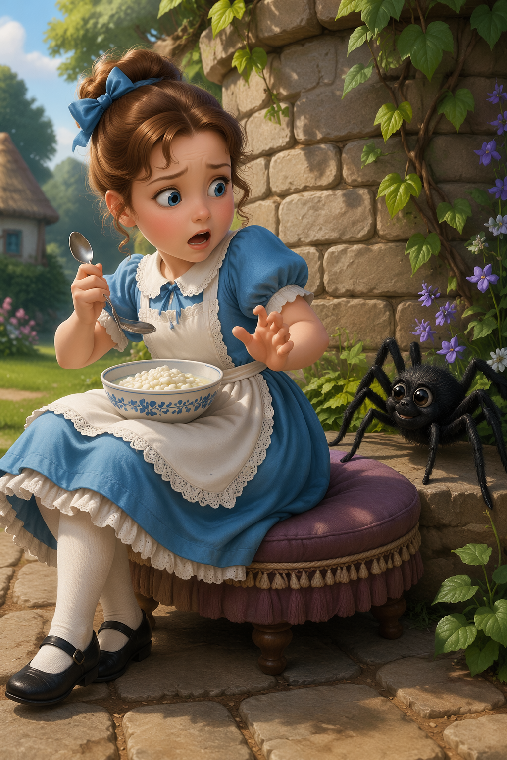 [Startled cartoon Little Miss Muffin holds a spoon and curds bowl as a friendly black spider approaches her in a cottage g...