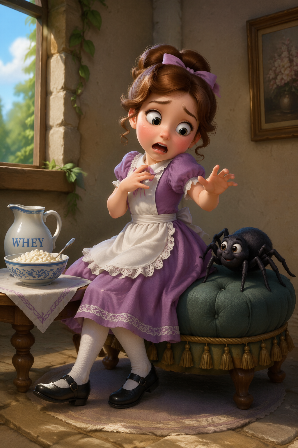 Animated Little Miss Muffet looks startled as a friendly cartoon spider sits beside her on a tufted footstool.