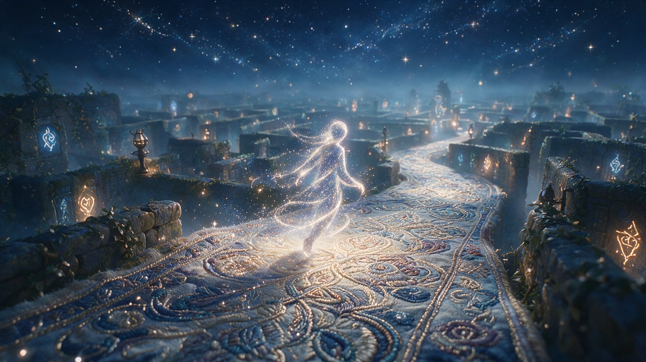 [Glowing ethereal stardust spirit walks across an ornate magic carpet bridge above a misty ancient maze under a starry nig...