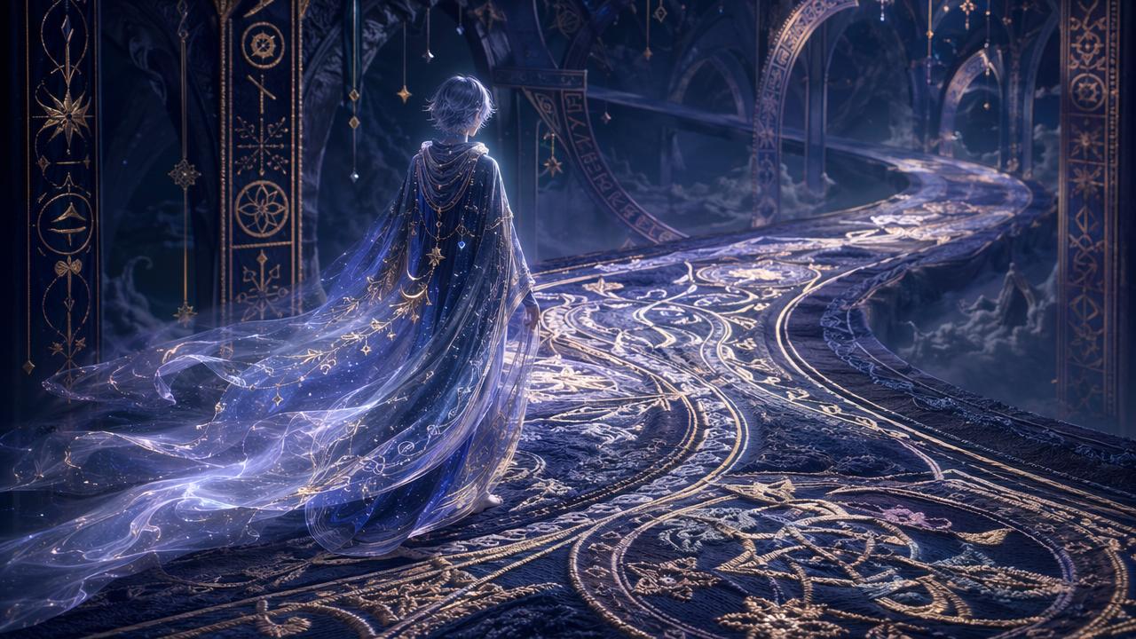 Back view of silver-haired celestial mage in flowing starry blue cloak standing on an ornate rune-carved bridge in a misty...