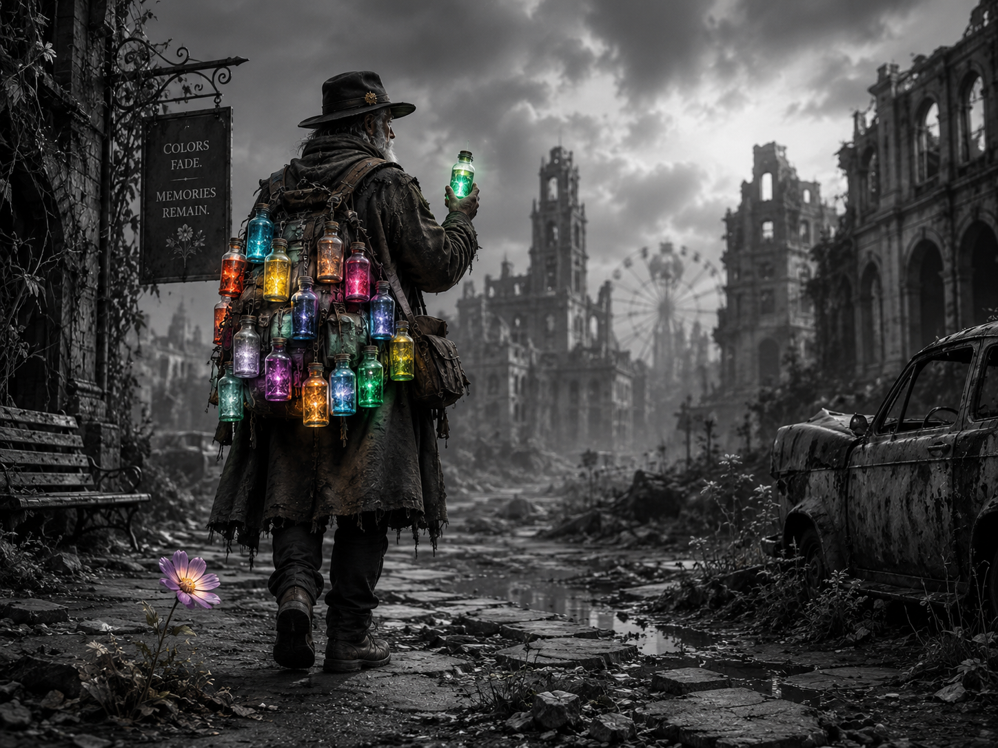 Bearded wanderer with a backpack of glowing colored bottles walks through a crumbling monochrome post-apocalyptic city.