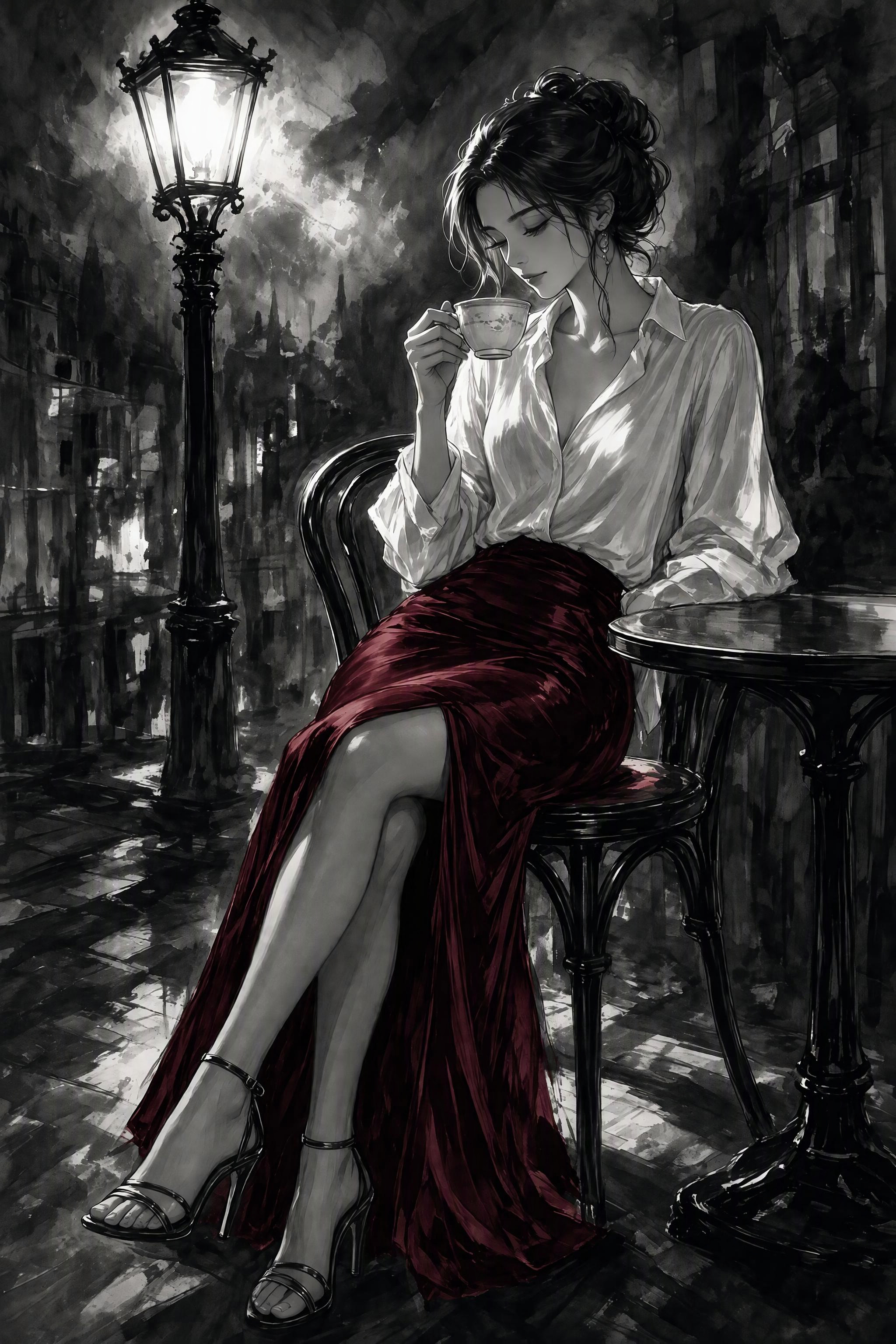 Elegant woman sipping a warm drink at a rainy outdoor evening cafe beside a glowing vintage street lamp