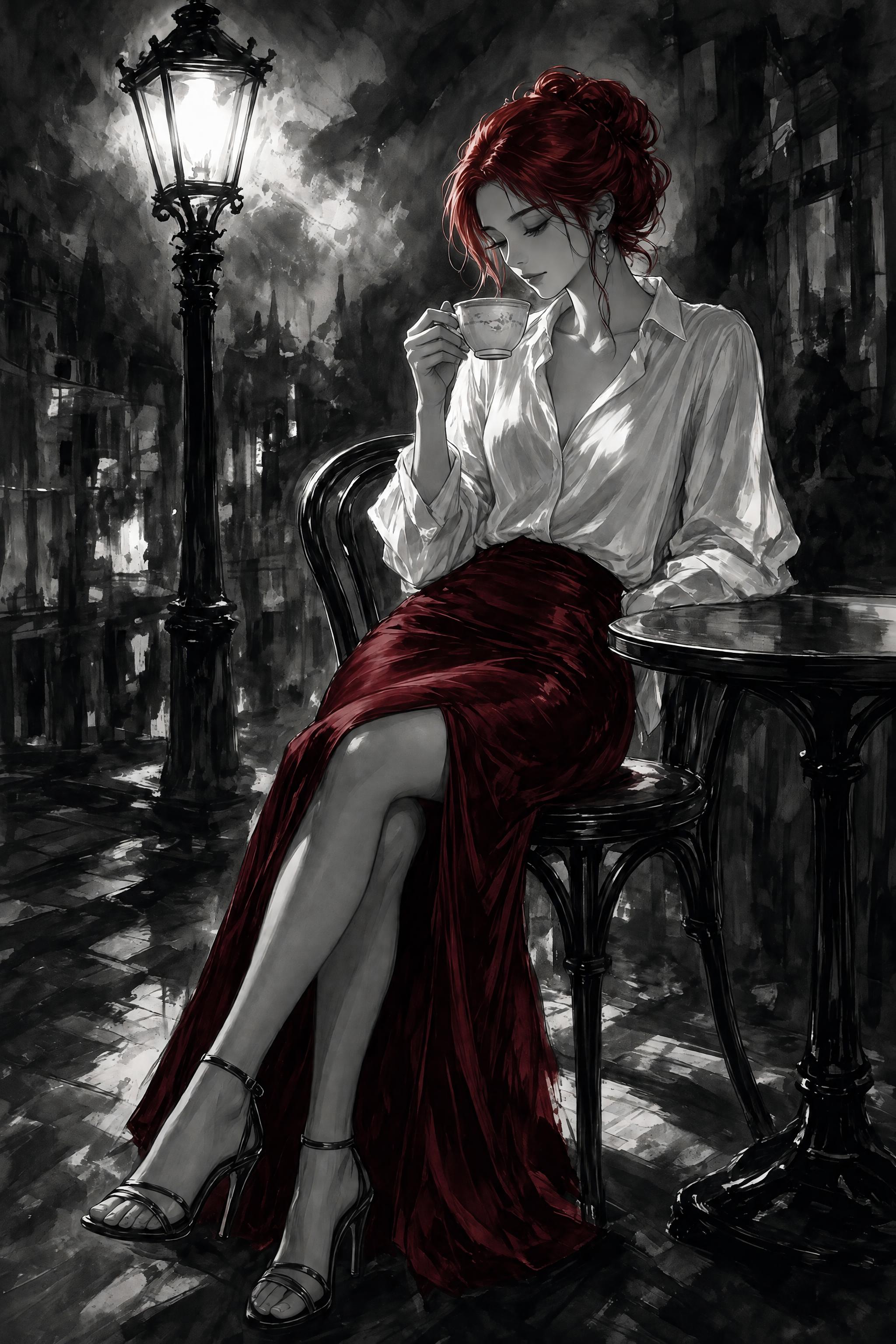 Elegant red-haired woman sipping tea at a rainy outdoor night cafe beneath a glowing vintage street lamp