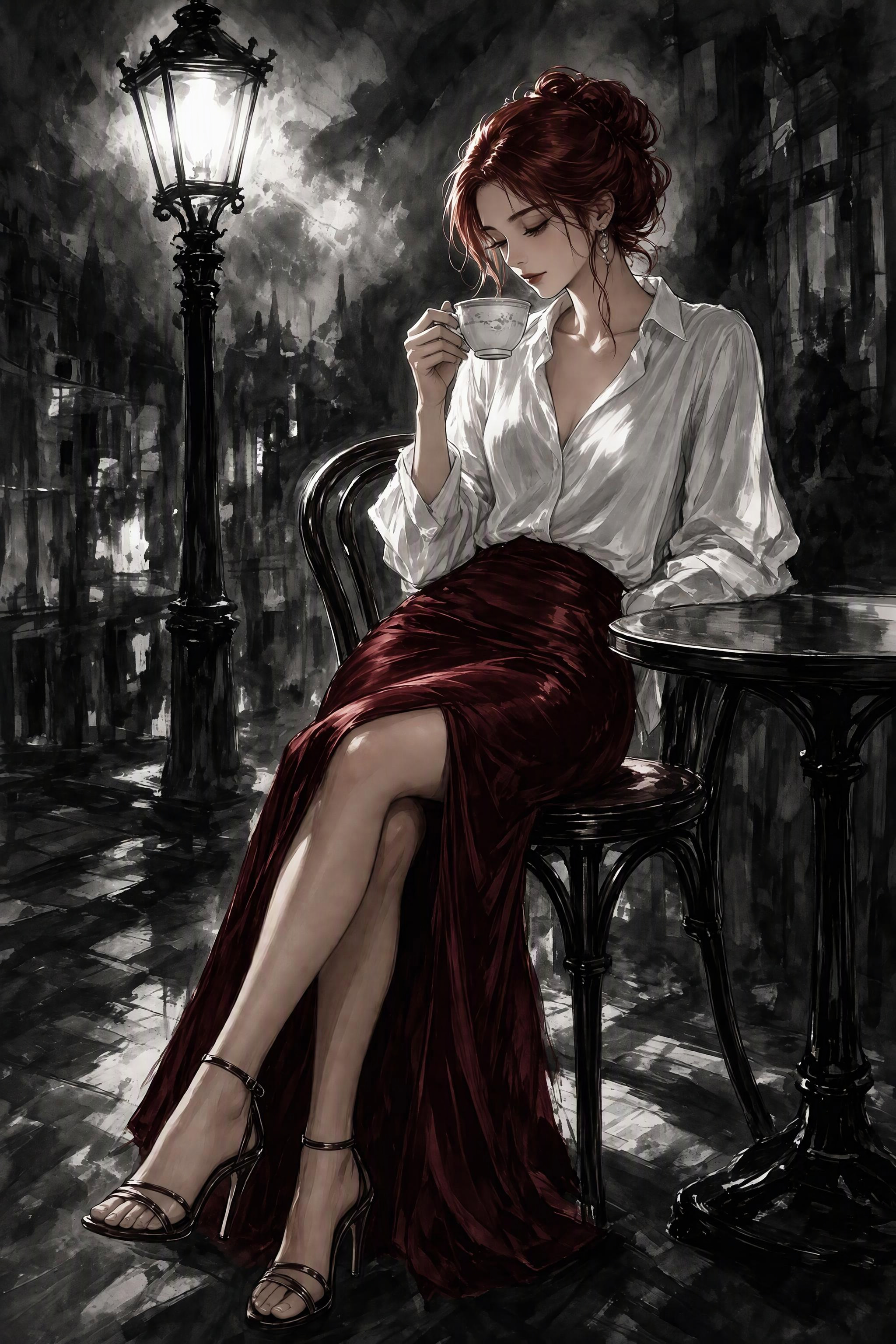 Elegant red haired woman sips coffee at a rainy night sidewalk cafe under a glowing streetlamp