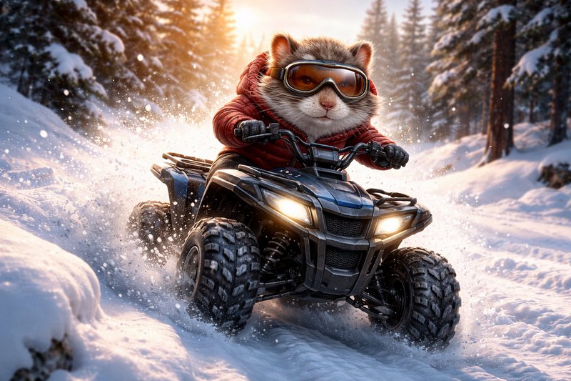 A fluffy cat wearing goggles and a red hoodie rides a rugged ATV through snowy forest.