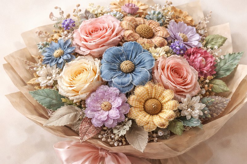 Pastel dried flower bouquet with roses, daisies, and greenery wrapped in paper.