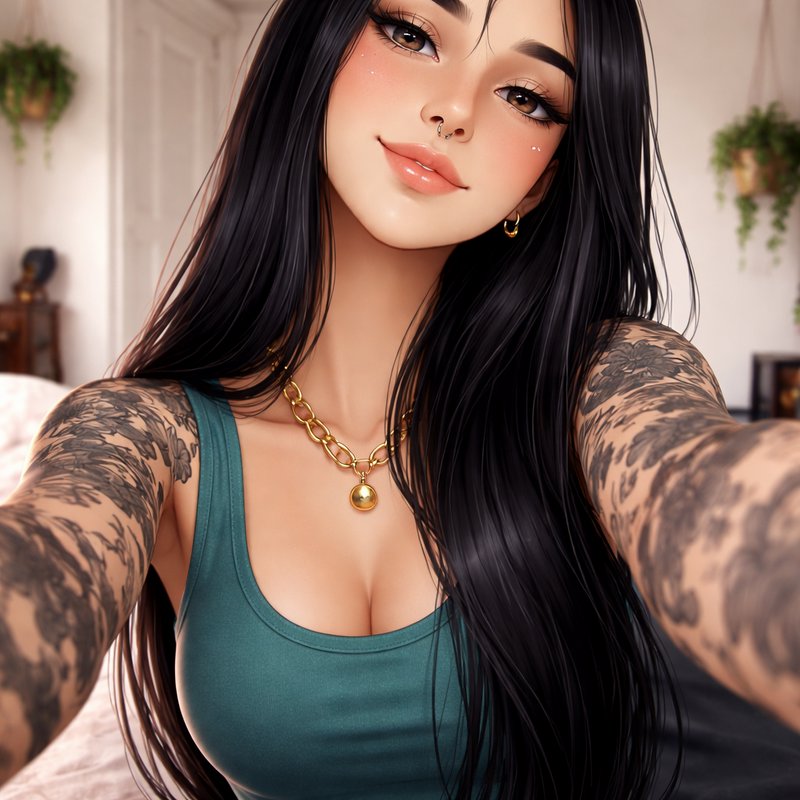Close-up selfie of a tattooed woman with long black hair, wearing a teal tank top and gold jewelry.