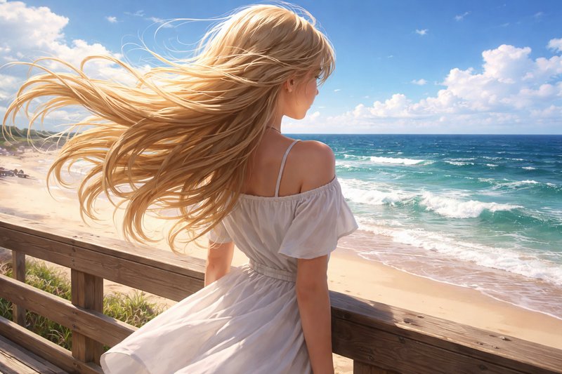 Wind-blown blonde woman in a white off-shoulder dress on a wooden boardwalk by a sunny beach.