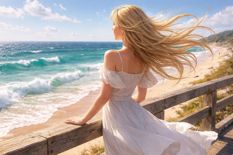 Blonde woman in a white dress standing on a wooden railing overlooking a sunny beach and turquoise ocean.