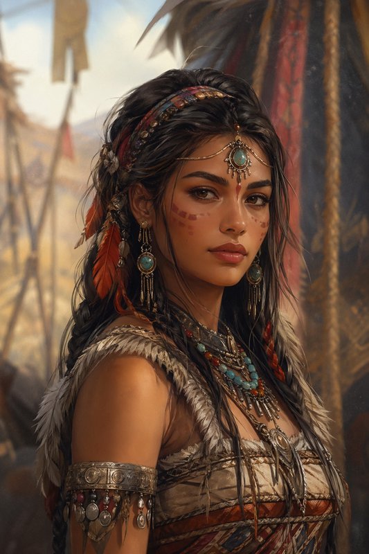 Portrait of a woman in tribal warrior attire with turquoise jewelry, feathered headdress, and face paint in a desert setting.
