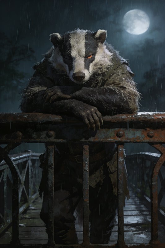 Anthropomorphic raccoon-werewolf leaning on a rusted bridge railing in a rainy night under a full moon.