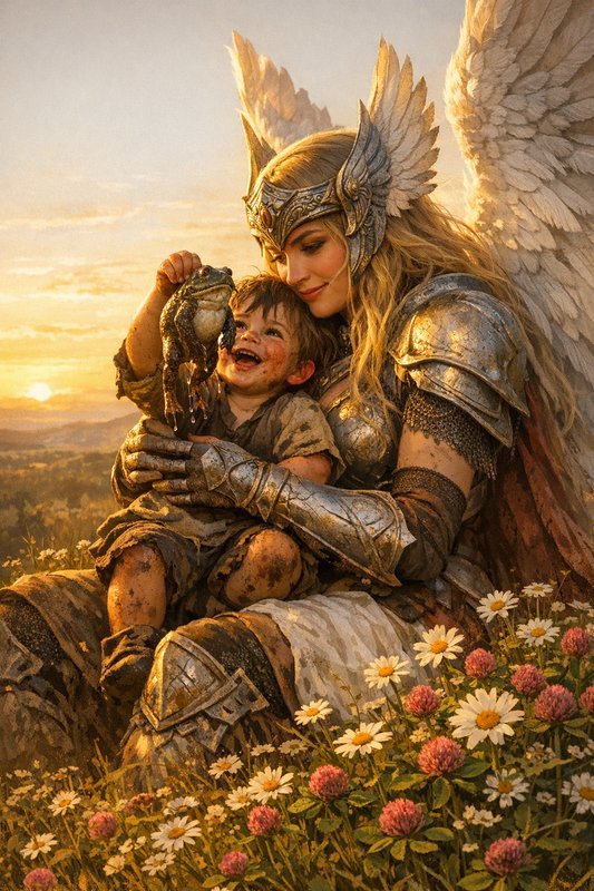 Armored winged woman holding a laughing child in a sunny field of daisies at sunset.