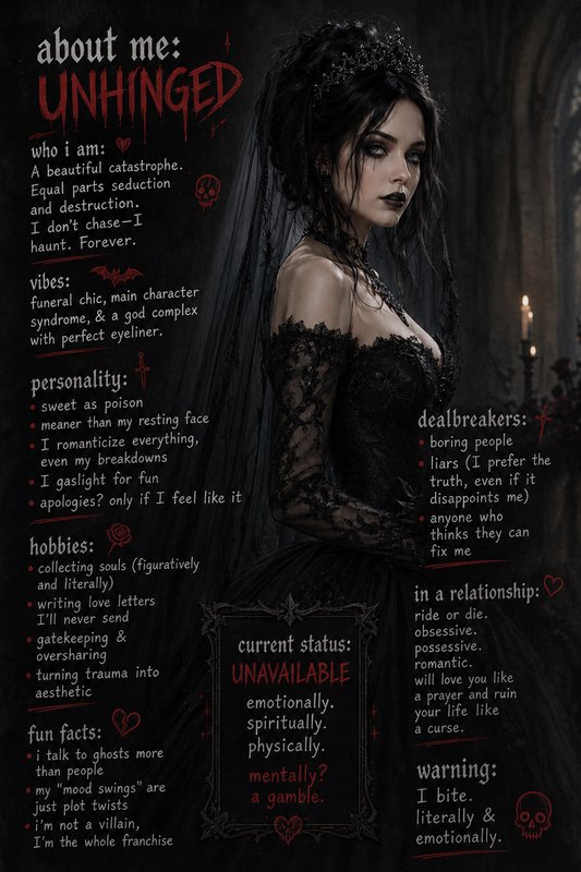 Gothic woman in black lace dress with a crown, dark moody background and red text about being unhinged.