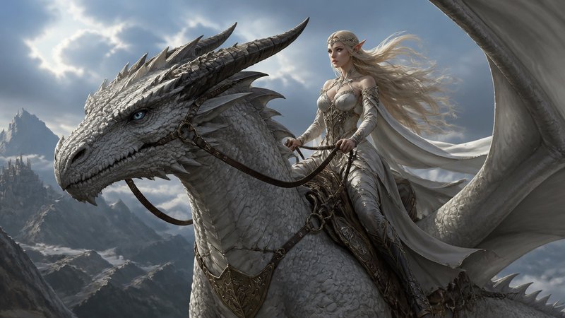 Elf rider in silver armor atop a white dragon, soaring over rugged mountains.