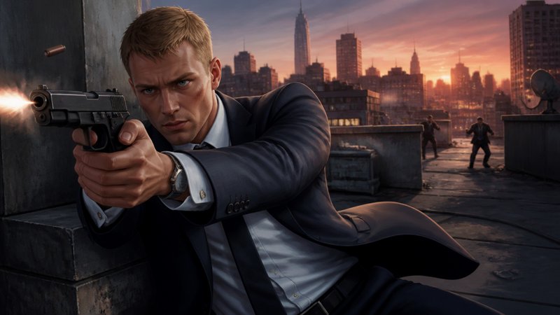 Man in a suit on a rooftop firing a handgun with a city skyline at sunset behind him.