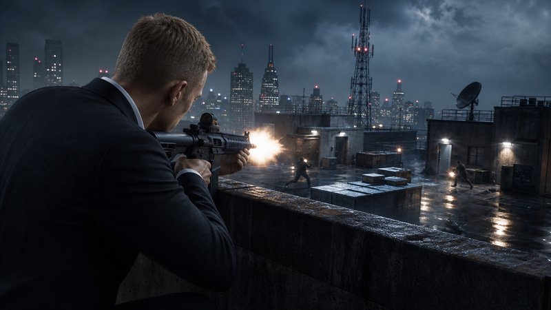 A man in a suit crouches on a rooftop at night, firing a rifle toward enemies with a city skyline behind him.