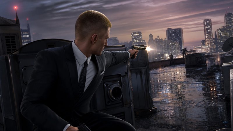 Man in a suit on a rooftop at dusk, aiming a pistol toward the city skyline.