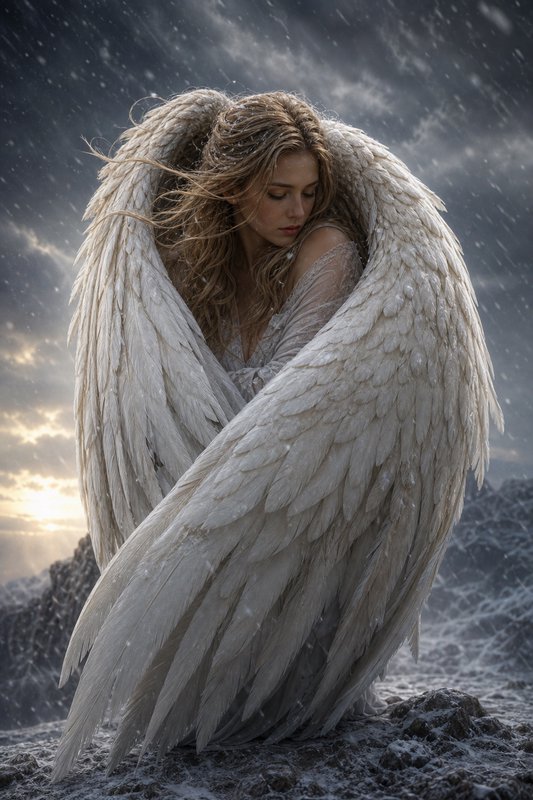 Angelic woman with large white wings in a snowy rocky landscape.