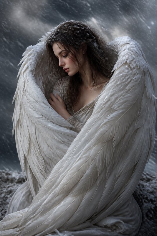 Woman with large white angel wings in a snowy, stormy scene.