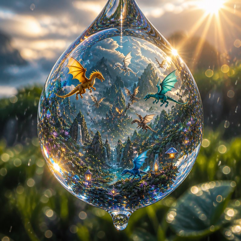 Crystal glass bubble containing a dragon-filled fantasy valley with mountains and a sunset glow