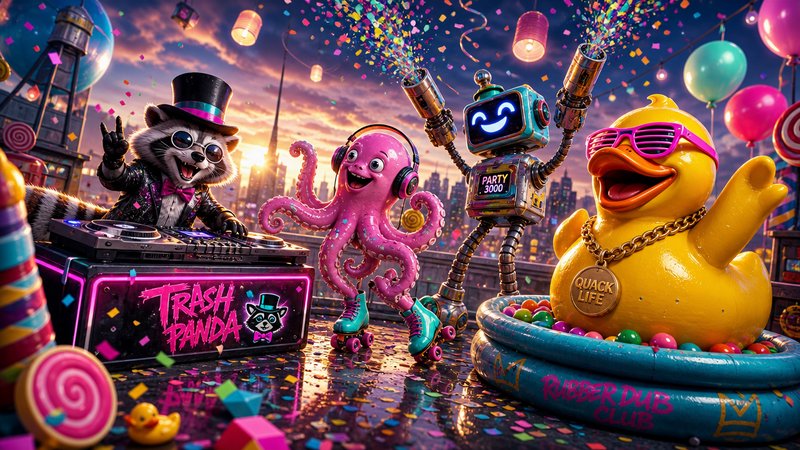 Colorful party scene with a panda DJ, pink octopus, friendly robot, and a rubber duck in a neon cityscape.