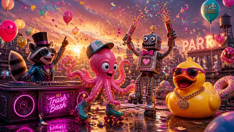 Colorful carnival scene with a dancing octopus, robot, raccoon DJ, and rubber duck at sunset.
