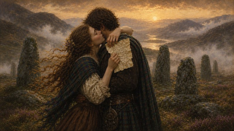 Romantic medieval couple kissing in a misty sunset landscape, cloaked in plaid with a crumpled parchment.