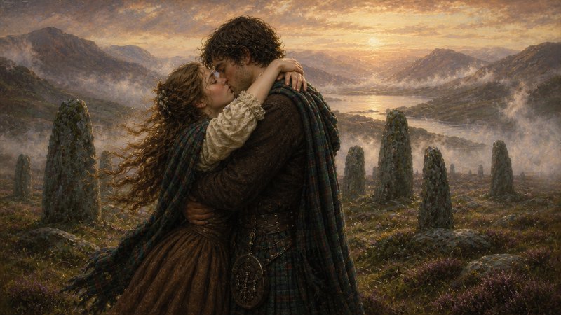 A couple in medieval attire kissing in a misty moor with standing stones at sunset.