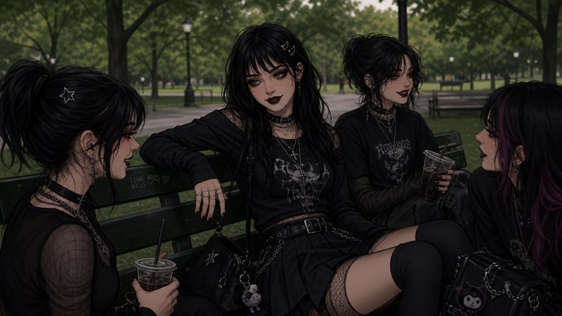 Gothic friends in black outfits sitting on a park bench, sipping drinks under trees.
