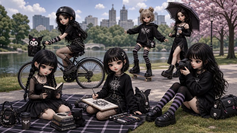 Group of gothic fashion dolls in black outfits posing outdoors in a park with city skyline in background