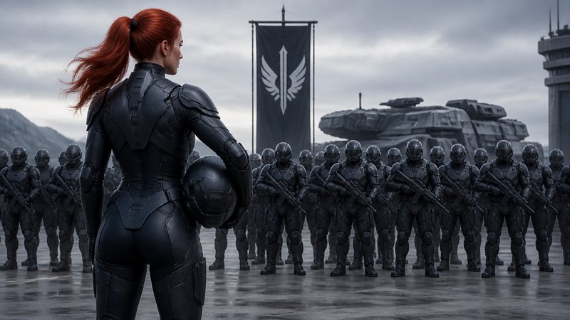 Female armored warrior facing a line of black-clad soldiers on a battlefield with a winged emblem banner.